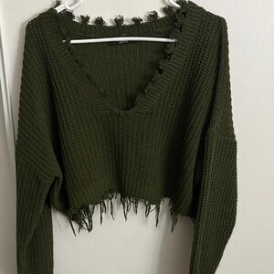 Zaful Olive Green Distressed V-Neck Chunky Knit Sweater